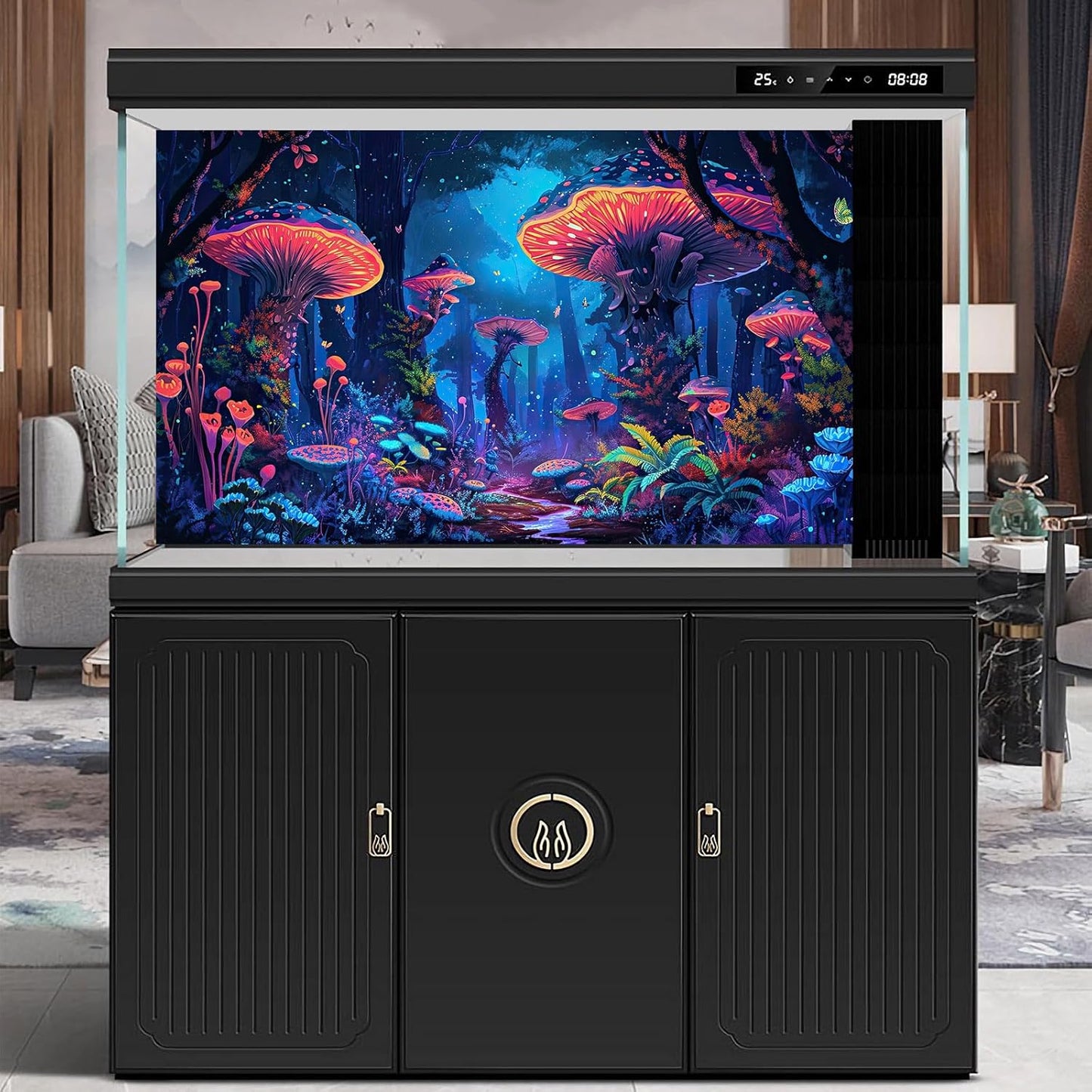 Mushrooms Aquarium Background Fantasy Bright Flowers Butterflies Fish Tank Backdrop Decoration Poster Trippy Wonderland Landscape with Giant Mystical Mushrooms Terrarium Background Decor 48x18in