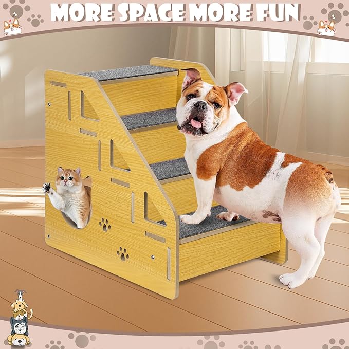 Dog Stairs for Small Dogs, 4-Step Dog Steps for Beds or Couches, Wood Pet Stairs for Small Pets, 15" H Cat Stairs for Doggie,Old Cats, Small Animals