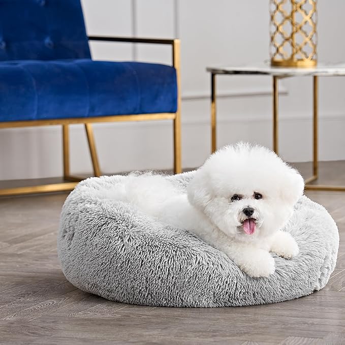 Juicy Couture Devon Faux Fur Small Gray Round Pet Bed for Dogs and Cats