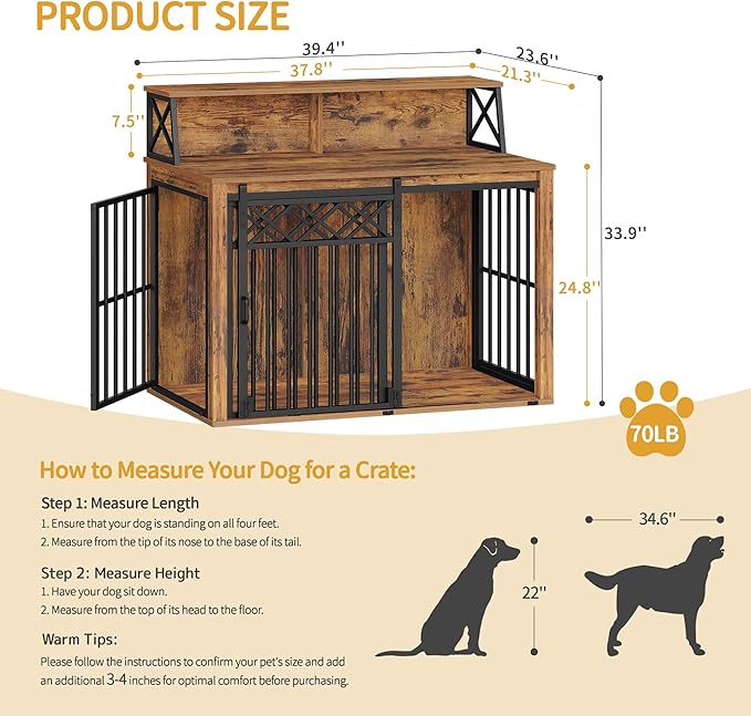 39.4'' Dog Crate Furniture, Large Wooden Dog Crate with Storage and 3 Doors, Indoor Kennel for Medium/Large Dogs, End Table with Barn Door, Chew-Proof and Escape-Proof, Rustic Brown DFC87401B