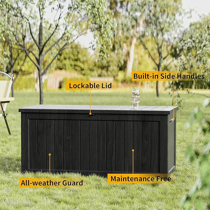 Heavy-Duty 270 Gallon Waterproof Deck Storage Box, Outdoor Storage for Garden & Patio, Lockable Resin Storage Chest for Pool Accessories, UV-Resistant, Onyx Black