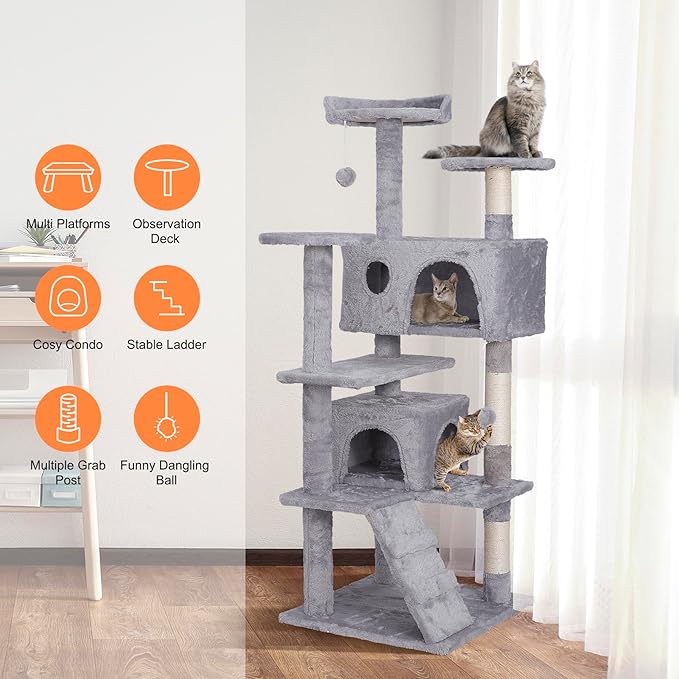 Multi-Level Cat Tree Tower with Condos, 54" Tall Cat Activity Center with Plush Perches and Toys, Space Saving Pet Playhouse for Kittens and Cats (Light Grey)