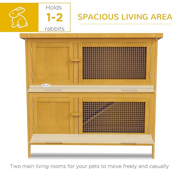 PawHut Wooden Bunny Rabbit Hutch, Small Animal Habitat with Ramp, Removable Tray & Weatherproof Roof, for Rabbits, Chickens, Ducks, Indoor/Outdoor, Yellow