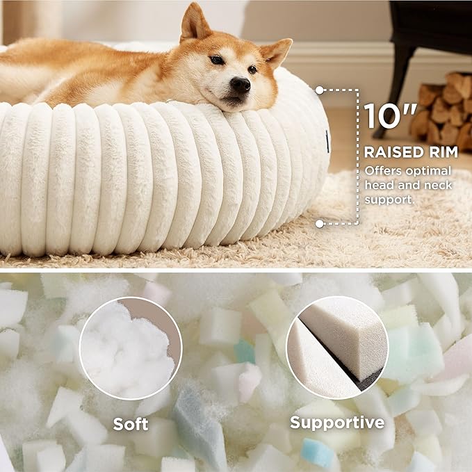 Bedsure Donut Large Dog Bed 36x36x8 inches with Waterproof Dog Blankets for Medium Dogs 30"x40", Cream