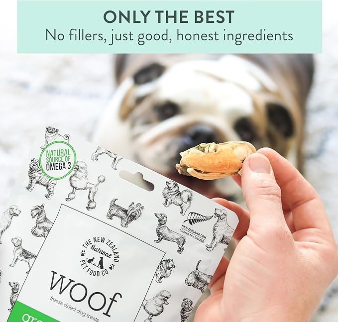 The New Zealand Natural Pet Food Co. WOOF Freeze Dried Dog Treats - High Protein, Small & Large Dog, Natural, Topper, Treat, Green Mussels - 1.76 oz