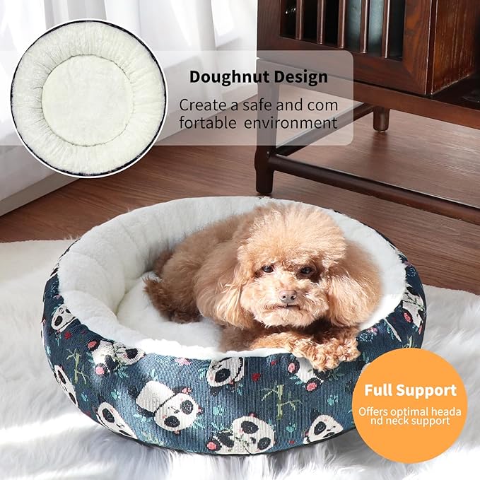 Circular Calming Dog & Cat Bed Anti-Anxiety Washable with Anti Slip Backing Donut Cuddler with Cute Jacquard Patterns for Cat and Small Puppy (Small-23in, Panda)