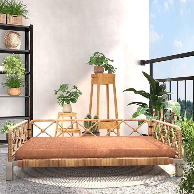 Dog Bed, Outdoor Waterproof Elevated Dog Couch with Washable Removable Cushion, Boho Rattan Wicker Orthopedic Indoor Raised Pet Sofa for Large Dogs (40" x 25", Brown)