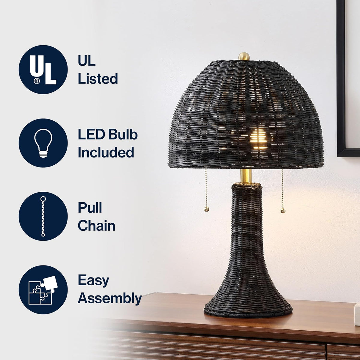 JONATHAN Y Joanie 2-Light Table Lamp 22" Rattan, Black/Brass Gold