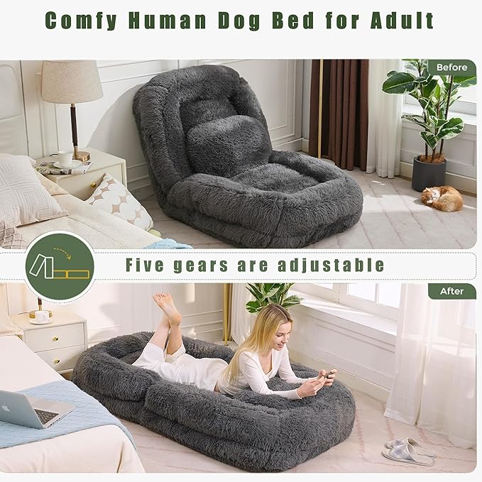Adjustable 5-Position Human Dog Bed for People, Big Comfy Plush Floor Gaming Lazy Sofa Chair with Pillows & Back Support, Foldable Lounge Loveseat Couch for Living Room Bedroom (Dark Gray)