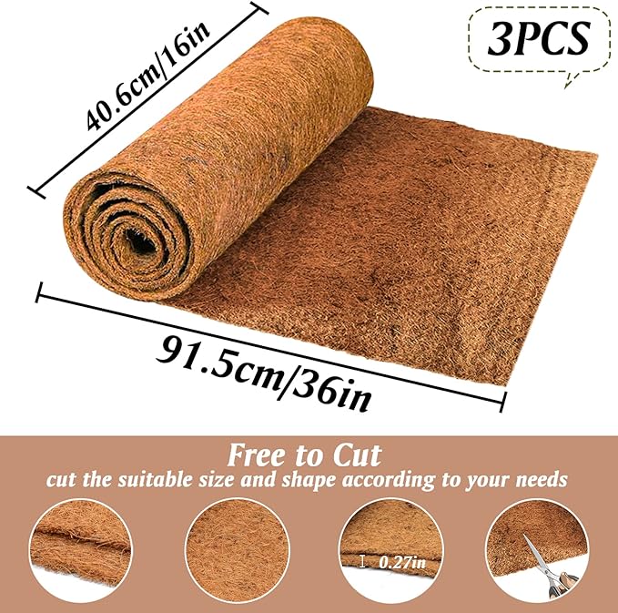 ZeeDix 3 Rolls Reptile Carpet, 16 x 36 inches Natural Coconut Fiber Liner Mat Flooring Accessories for Reptile Tank - Bearded Dragon Tortoise Lizard Turtle Snake Leopard Gecko Substrate Bedding