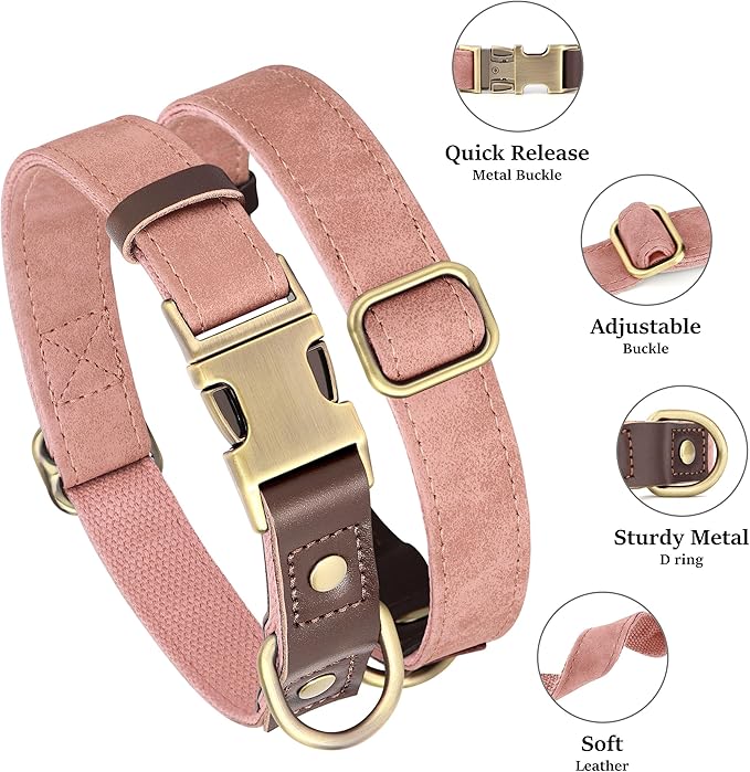 Didog Soft PU Leather Dog Collars for Medium Dogs,Classic Adjustable Dog Collars with Quick Release Metal Buckle,Easy Clean and Comfortable with Nylon Lining,Pink,M Neck 14-19"