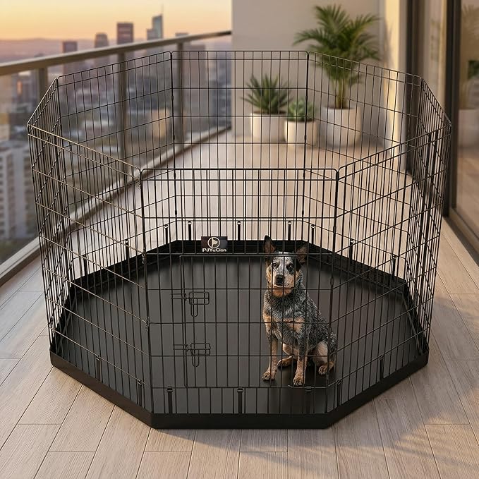 PJYuCien Dog Playpen with Bottom Pad - Metal Foldable Exercise Pen, 8 Panels 42" H x 24" W Indoor Outdoor Pet Fence Puppy Crate Kennel, Black