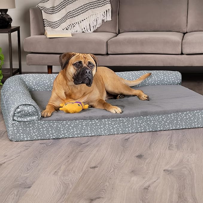 Furhaven Memory Foam Dog Bed for Large Dogs w/ Removable Bolsters & Washable Cover, For Dogs Up to 125 lbs - Plush & Almond Print L Shaped Chaise - Gray Almonds, Jumbo Plus/XXL