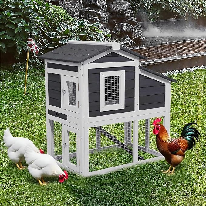 Chicken Coop, Chicken Run, Duck Coop Outdoor Chicken Coop for 2-4 Chickens Wooden Hen House Poultry Pet Hutch Run Cage (White)