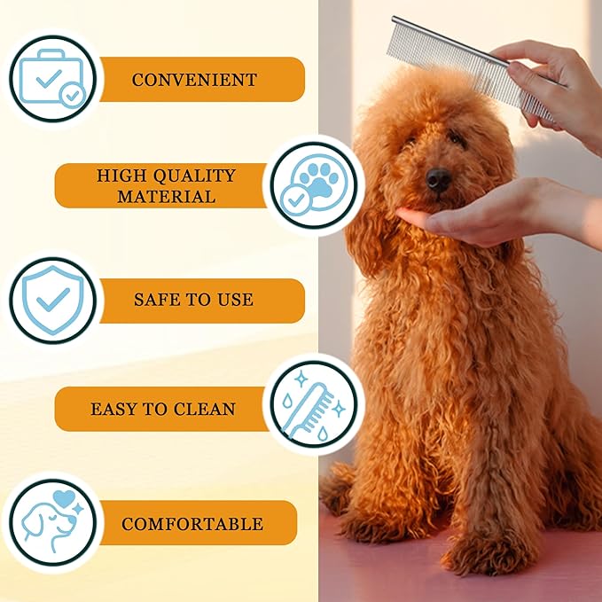 Dog Comb and Cat Combs Stainless Steel Teeth, Grooming Tool for Long & Short Hair, Dematting Comb for Dogs, Removes Tangles & Knots (Large Silver)