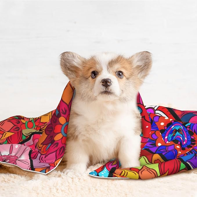 Colorful Boho Throw Blanket - Mexican Flowers Blanket Floral Bohemian Pet Blankets 23x16 for Dog Cat