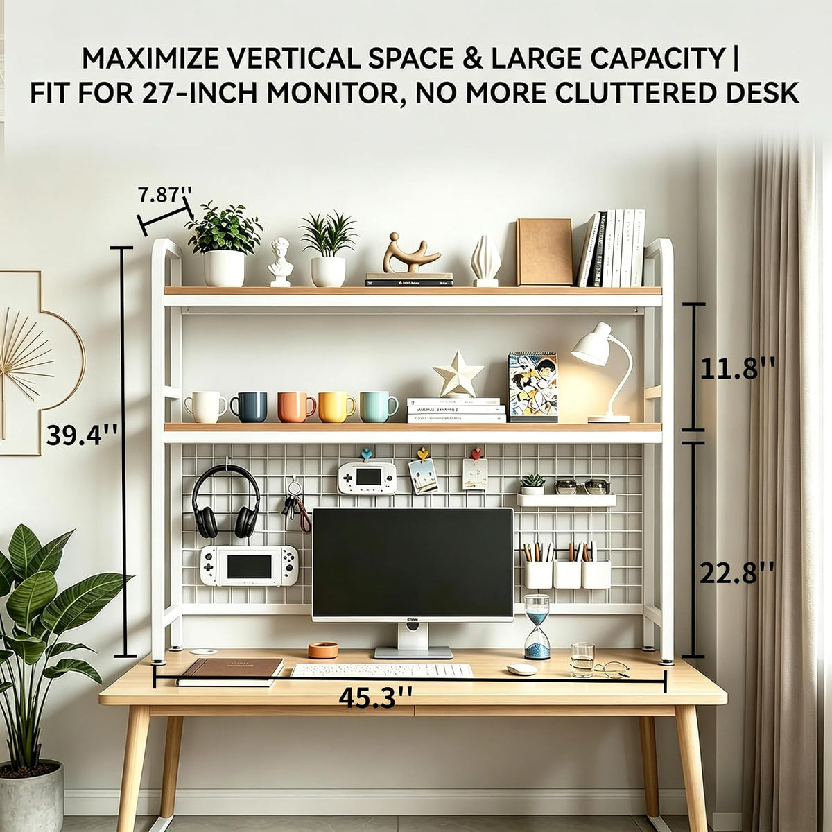 Desktop Bookshelf with Pegboard, 2-Tier Desk Hutch Storage Organizer Rack, Metal Frame & Wood Board, for 27-inch Monitor, Home Office & Dorm，White,45.3" W