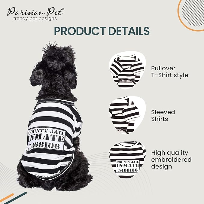 Parisian Pet - Medium Dog Shirt - Black & White Striped - Cotton & Polyester - Sleeved & Lightweight - Prisoner Dog Theme