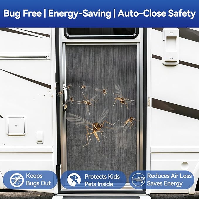 RV Screen Door Closer with Adjustable Tension, Aluminum RV Door Closer Kit, Built-in Spring Automatic Closing Device, Works with Most Camper Travel Trailer Window