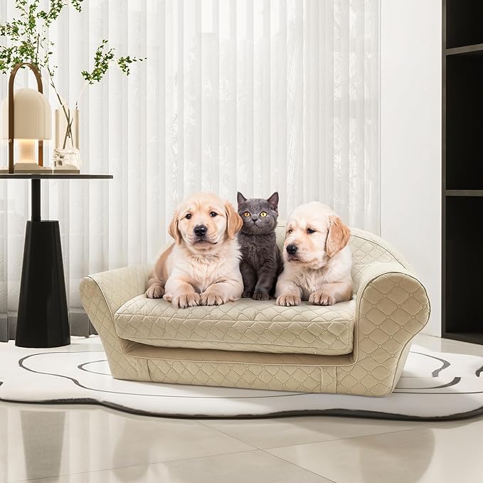 Convertiable Large Dog Couch Bed Thicken Dog Bed Orthopedic Foam Pet Sofa Bed for Large Medium Size Dogs with Removable Dog Mattress Made in Luxurious Velvet