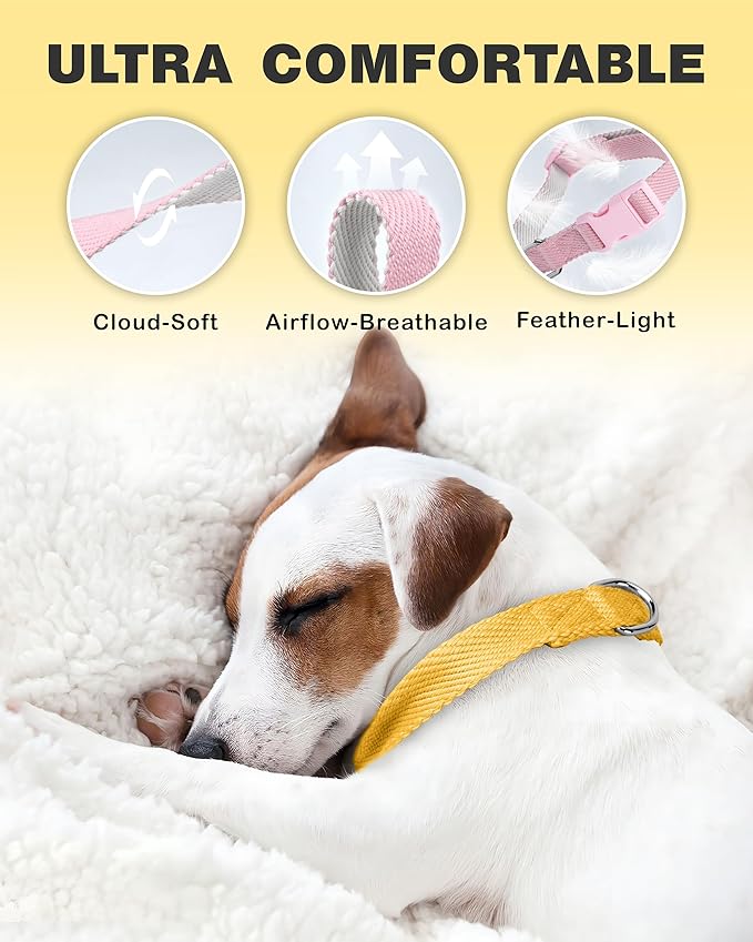 Dynmeow Soft and Breathable Cotton Dog Collar, Durable Adjustable Heavy-Duty Pet Collar with Quick-Release Buckle, Lightweight for Sensitive Skin for Large Dogs, Yellow, L