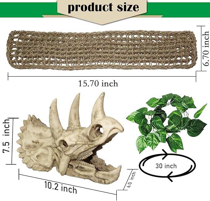 PINVNBY Reptile Dinosaur Skull Decor,Bearded Dragon Tank Accessories,Reptiles Resin Triceratops Skull Cave Lizard Hammock Amphibians Habitat Hideouts Decorations for Lizards Spider Gecko Chameleon