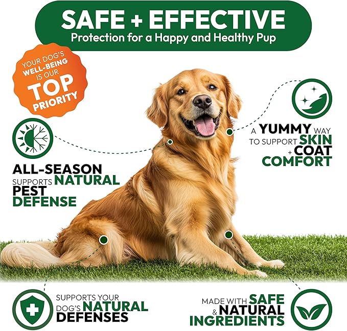 Flea and Tick Prevention for Dogs Pills - Natural Dog Flea & Tick Control - 170 Soft Chewables - Oral Defense Treatment for Dogs Supplement - Vet Formulated Chews - All Breeds & Ages - Made in USA