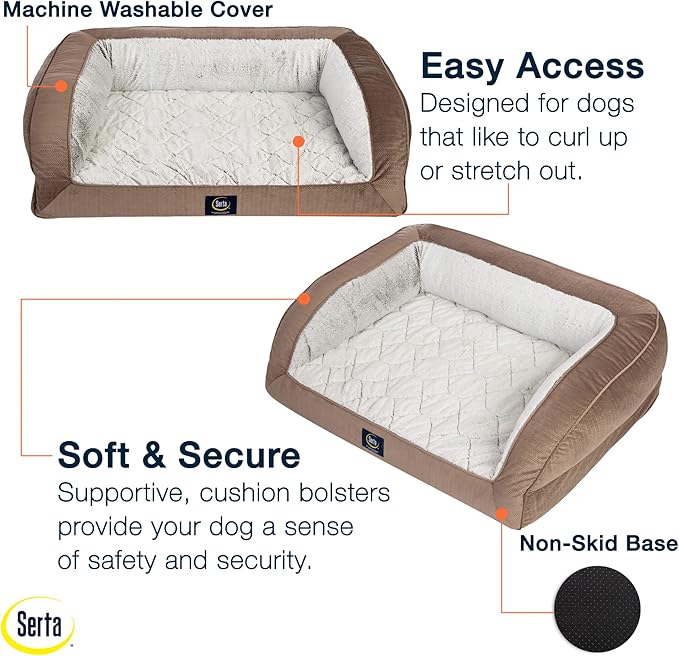 Serta Orthopedic Quilted Couch Dog Bed for Pets – Chocolate Brown (Small)