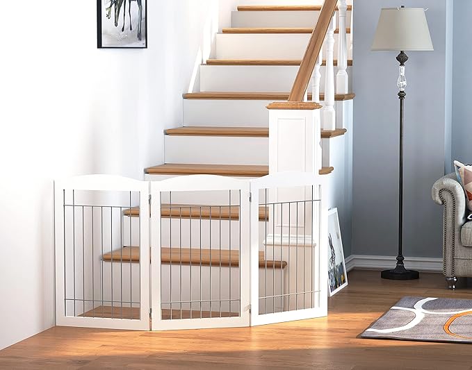 Spirich Freestanding Wire Pet Gate for Dogs, Tall Dog Gate for The Houes, Doorway, Stairs, Pet Puppy Safety Gate with Sliver Wire 60 Inches Extra Wide, 30 Inches Tall, 3 Panels, White