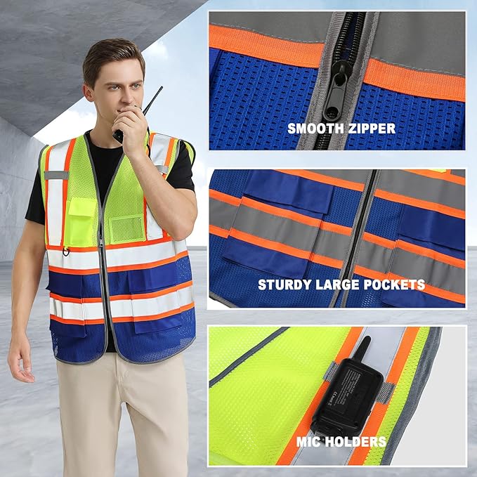 Custom Safety Vest Customized Logo Mesh Vest Class 2 High Visibility Reflective Vest with Pockets Blue workwear（Yellow Blue，M ）