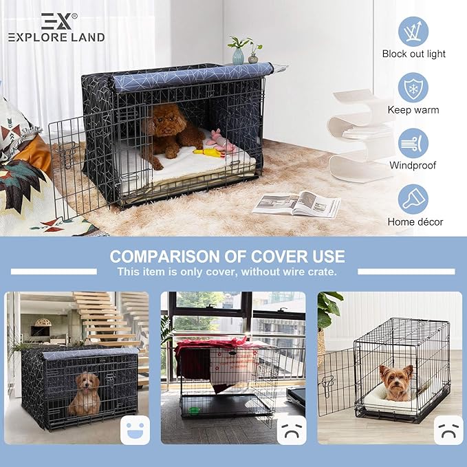 Explore Land Pattern Dog Crate Cover for 48 Inches Wire Cage, Heavy-Duty Polyester 1 2 3 Doors Standard Metal Pet Kennel Enclosure (Brief Polygonal)