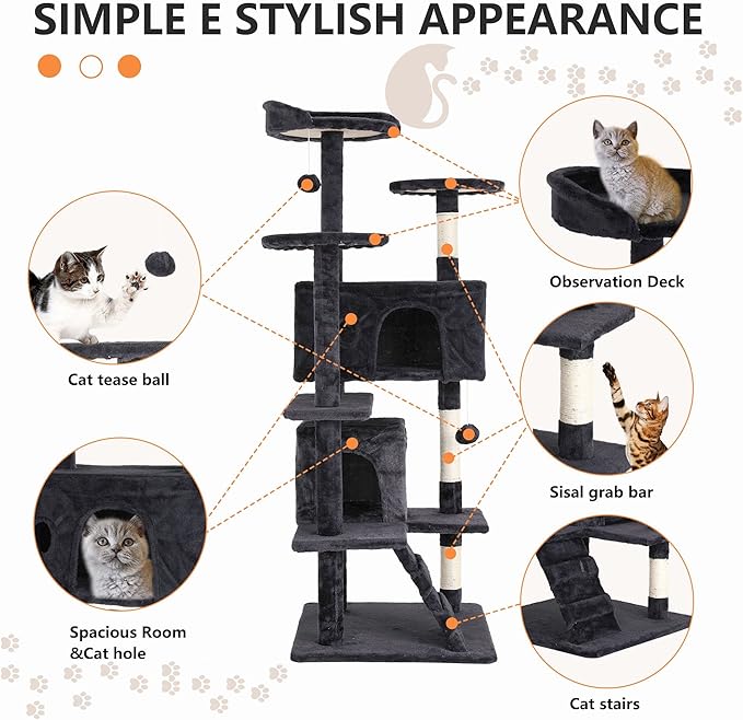 Cat Tree for Indoor Cats, Multi-Level Cat Tower with Scratching Posts & Cozy Condo, Space Saving Cat Activity Center, Durable Pet Play House (54in,Dark Gray)
