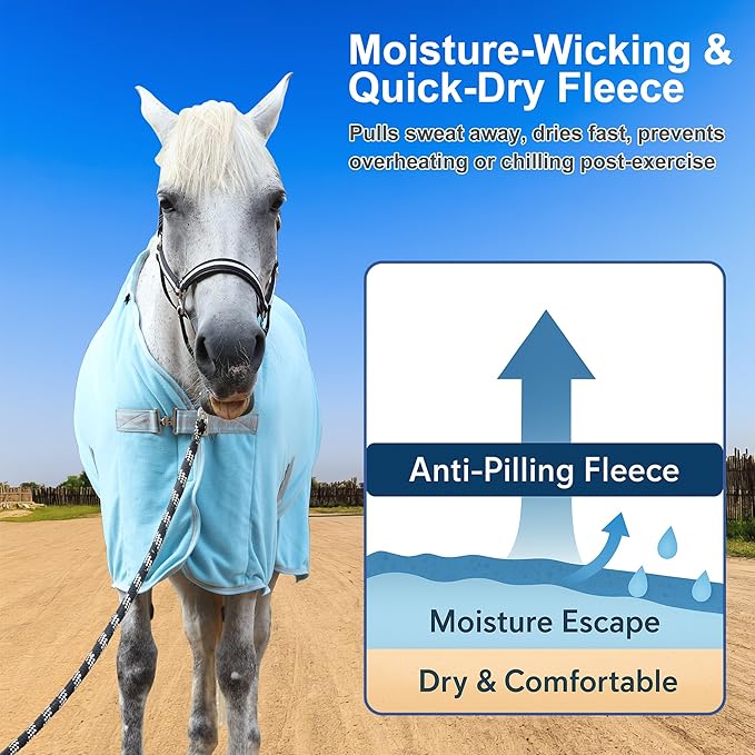 Horse Fleece Cooler, Blanket Liner - 300g Anti-Pilling Fleece, Moisture-Wicking, Cooling & Drying for Post-Workout, Bath & Travel, Prevent Overheating & Chilling Lightblue 66