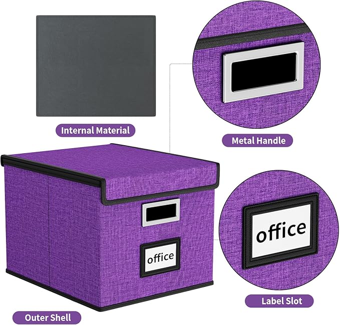 Huolewa Upgraded File Organizer Boxes with Lids, Linen Hanging Filing & Storage Boxes with Plastic Slides for Office/Decor/Hom, Universal Hanging Filing Organization Boxes for Letter/Legal Folder