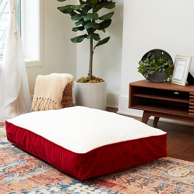 South Pine Porch Buddy Reversible Rectangle Pillow Style Microfiber and Sherpa Dog Bed with Removable, Machine-Washable Cover, Crimson Sherpa, Medium (42 in. x 30 in.)