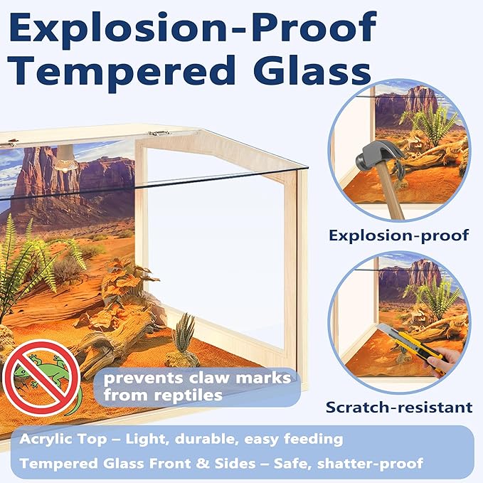 PROLEE Bearded Dragon Tank,Lizard Tank with Clear Tempered Glass Roof,Anti-Scratch Reptile Enclosure, Snake Tank and Reptile Tank,Built-in Light Fixtures with Switch (80 Gallons)