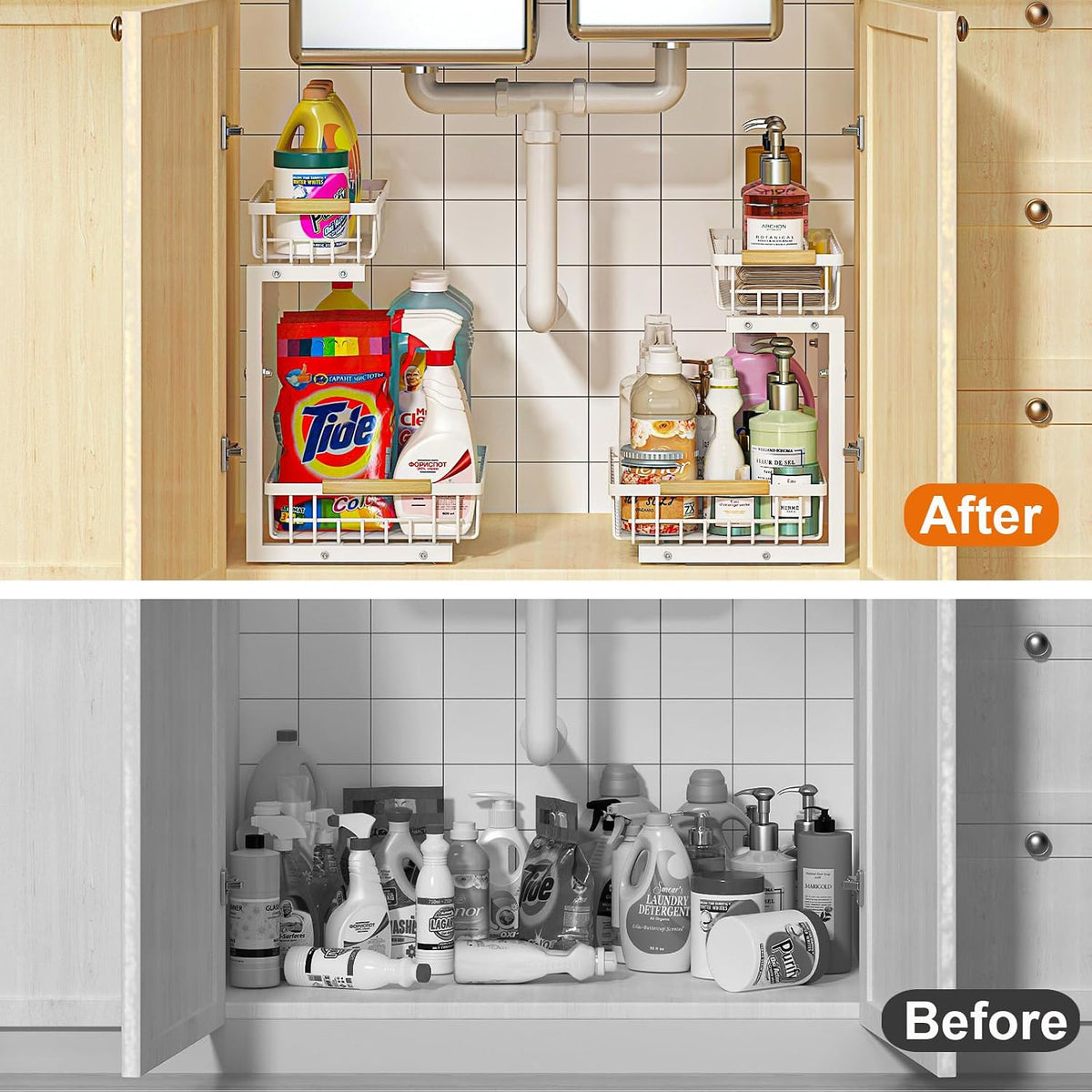 REALINN Under Sink Organizer, Height Adjustable Under Sink Organizers and Storage, 2 Tier Pull Out Drawer Cabinet Storage for Kitchen Bathroom, 1 Pack, White
