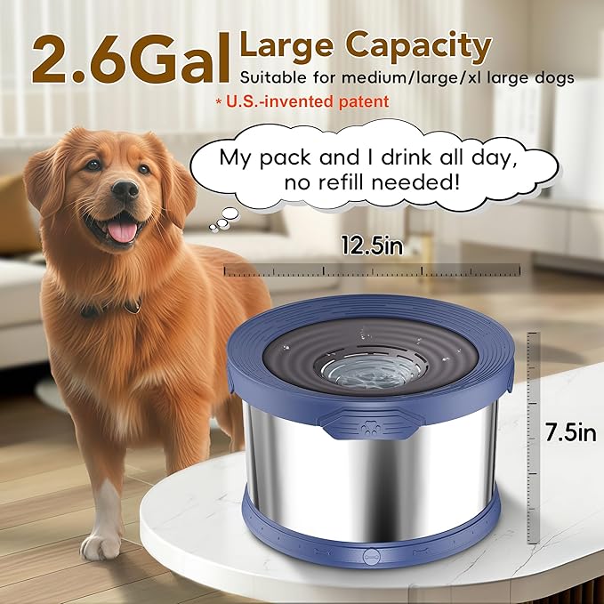 UPSKY Dog Water Bowl No Spill 10L Stainless Steel, 2.6 Gallon Large Capacity Spill-Proof Dog Bowls, Non-Slip Slow Drinking Anti-Splash Bowl for Large Messy Drinkers, No Mess Indoor/Outdoor Use, Blue