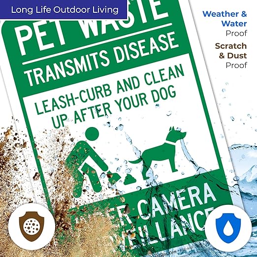 Pet Waste Leash-Curb and Clean Up After Your Dog Under Camera Surveillance Sign, 10x7 Inches, Rust Free .040 Aluminum, Fade Resistant, Made in USA