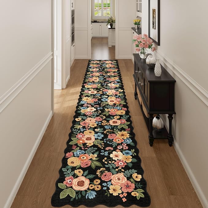 DUKINO 2.6x14 Runner Rug for Hallway, Non Slip Floral Washable Kitchen Rug