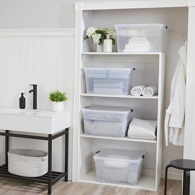 Rubbermaid Cleverstore 74 Qt Clear Storage Bins with Lids and Nesting Tray, 4-Pack, Stackable, BPA-Free, Made in USA