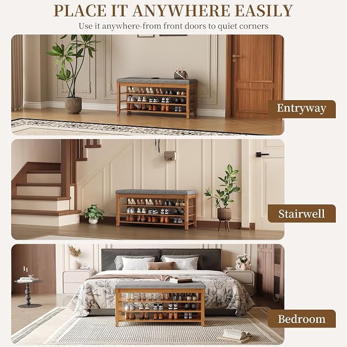 Solid Wood Shoe Bench with Storage, Flip-Top Soft-Close Lid, Adjustable Shelves