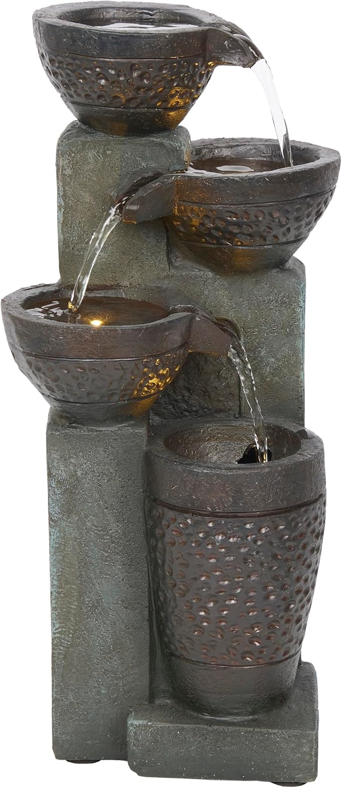 Alpine Corporation TZL412 14" Stoned Jar Cascading Water Fountain with LED Lights – Elegant Tabletop Water Feature for Home, Office, Living Room, Bedroom, and Desk Décor, Gray