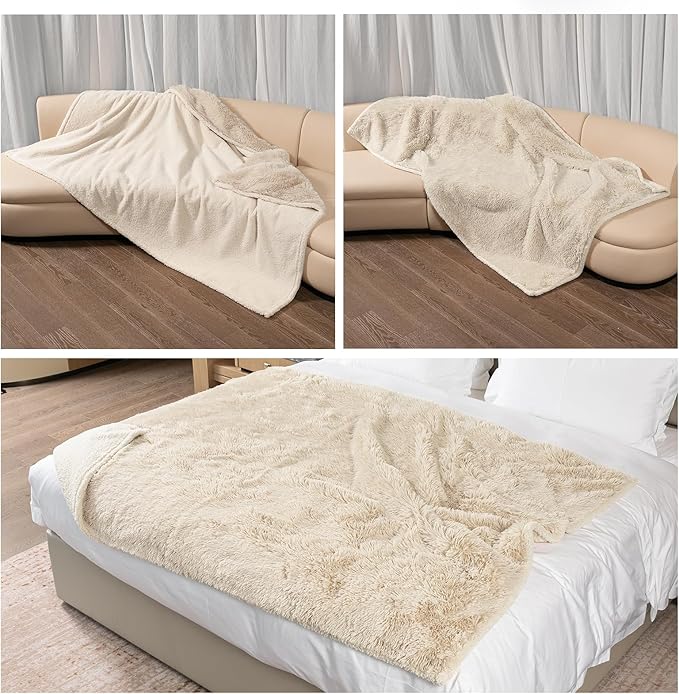 Long Faux Fur Calming Pet Blankets for Large Dogs Waterproof Cream Dog Blanket for Couch Sofa Cover Washable Puppy Bed Covers (Cream,XL-85x57in)