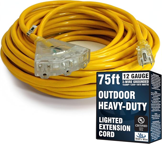 75 ft Outdoor Extension Cord Waterproof - 12 Gauge Heavy Duty Extension Cord 75 ft - Lighted Outdoor Extension Cords with Multiple Outlets - Watts Wire - 75' Grounded - extensiones electricas