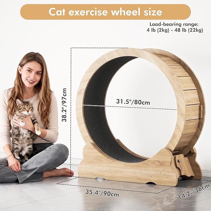 Cat Wheel, 35.4 Inch Cat Exercise Wheel for Indoor Cats Treadmill with Detachable Carpet and Teaser, for Running Walking Training, Natural Wood