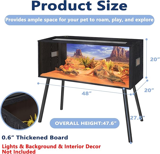 Prolee 80 Gallon Reptile Tank, Tempered Glass Bearded Dragon Tank with Wooden Roof and Lockable Doors, Large Lizard Habitat for Snakes, Iguanas, Chameleons (Black)