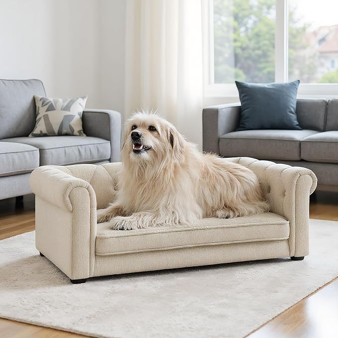 Elevated Dog Sofa with Backrest and Armrests, Button Tufted Dog Couch Bed with Soft Cushion for Medium Dogs, Stylish Lounging Bed Pet Couch Chair, 60Lbs Weight Capacity, Beige