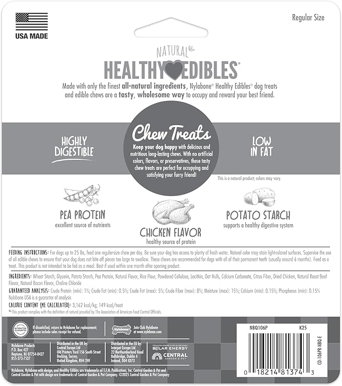Nylabone Healthy Edibles Natural Dog Chews, Long Lasting Bones for Dogs, Chicken Flavor Dog Treats, Small (3 Count)