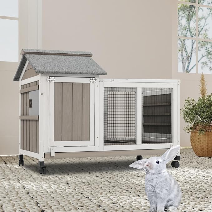 76.38"L Rabbit Hutch Indoor and Outdoor with 8 Wheels,Wooden Rabbit Cage with Pull Out Leak-Proof Tray for 2-4 Rabbits,Bunny Hutch with Asphalt Roof Suitable for Garden,Park,Living Room,Grey
